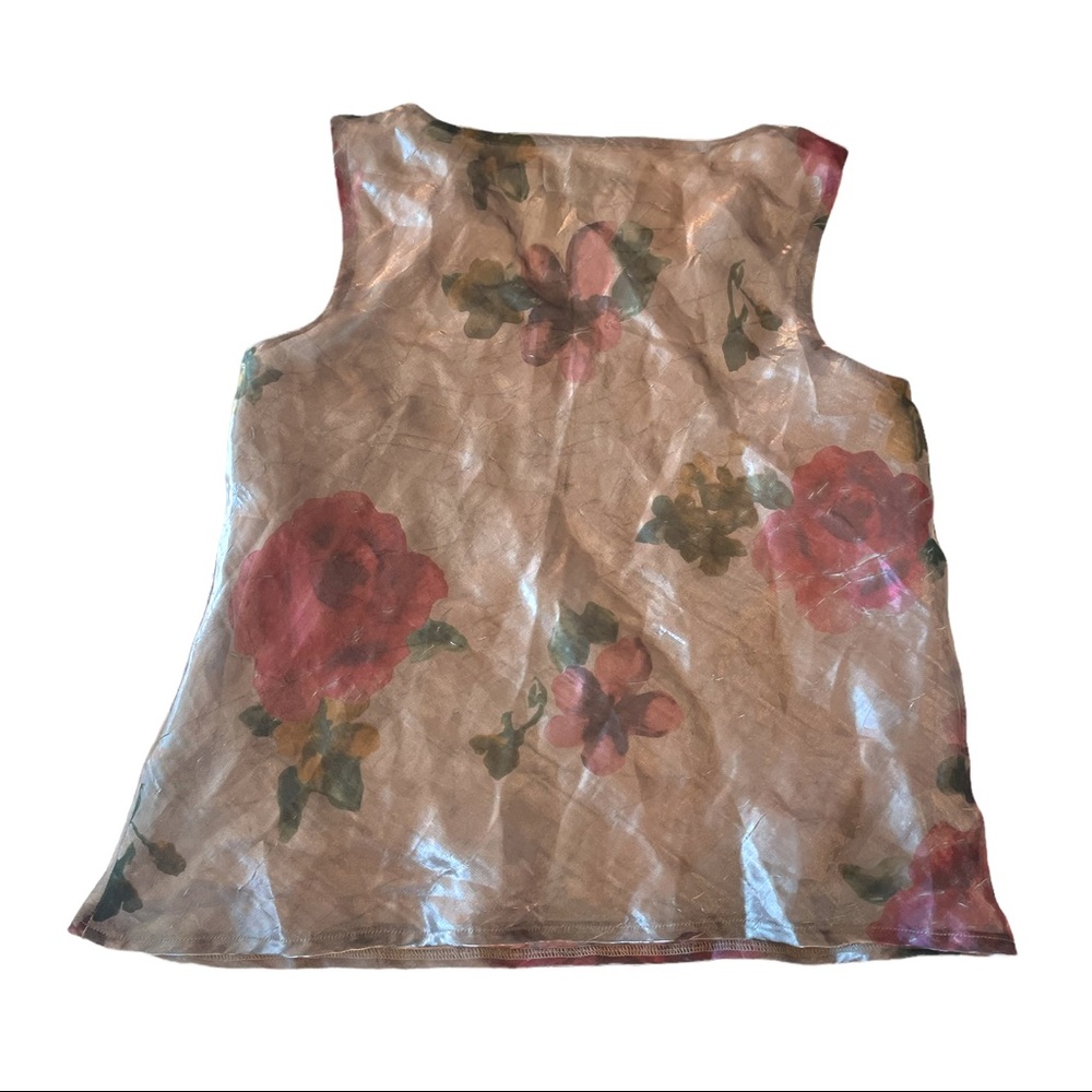 Vintage 90s Y2K Bronze Shimmer Rose Print Sleeveless Top V neck blouse Medium - Picture 5 of 12